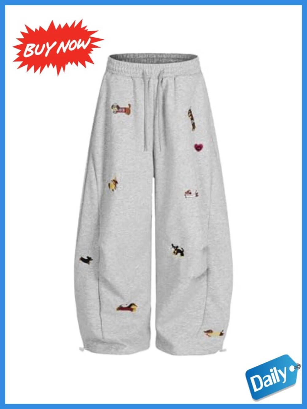 Embroidery Puppy Baggy Barrel Sweatpants Y2K Wide Leg Drawstring Unisex